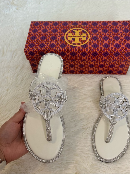 Tory Burch Shoes - Tory Burch White Crystal-Embellished Logo Thong Sandals